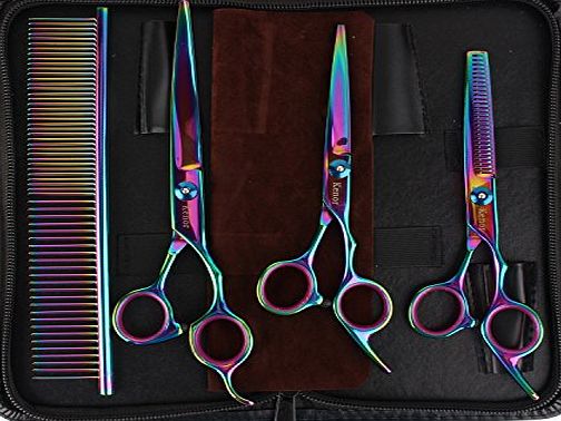 Kenor [6-in-1] Dog Grooming Scissors Purple, Kenor Stainless Steel Professional PET DOG Home Grooming Scissors Suit Cutting Curved Thinning Shear with a Free Gift Pet Bib